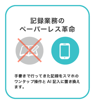 スマホのワンタップ操作とAIによる支援で、記録業務をペーパーレスにします。